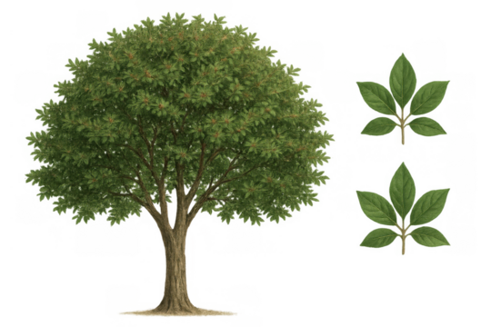 Deciduous tree with green foliage and separate leaves creating natural elements on transparent background