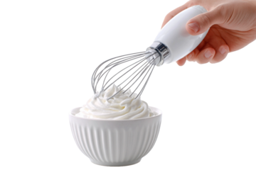 Household activity: whipping cream using electric whisk isolated on transparent background