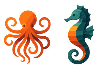 Stylized orange octopus and colorful seahorse swimming together isolated on a white background © Andrei