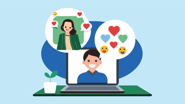 Digital illustration of a happy person smiling while using a laptop conveying a positive and productive remote work or online learning experience with vibrant colors and clear typography