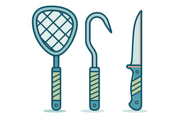 Set of essential tools for fishing and insect catching including net hook and knife