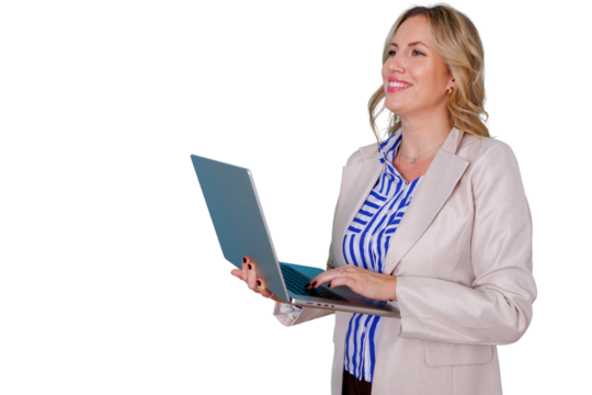 Confident businesswoman working on laptop, thinking about future success and innovative business solutions - Powered by Adobe