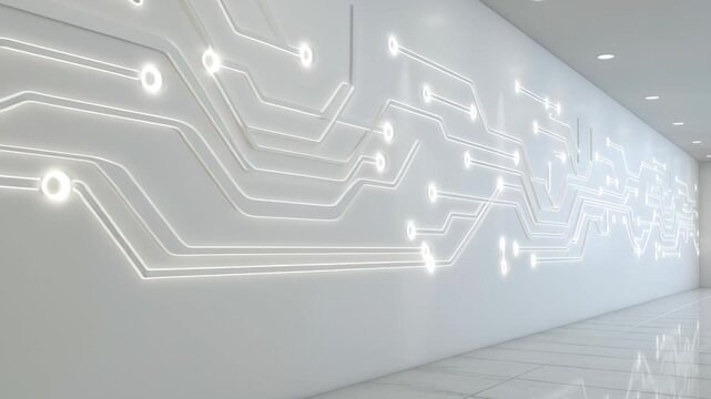 glowing circuit patterns embedded into smooth white wall, minimal futuristic stock concept 