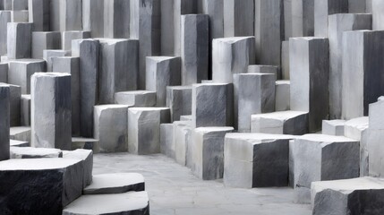 Basalt columns showing a natural geological structure. Hexagonal rock formations creating an abstract texture and geometric background