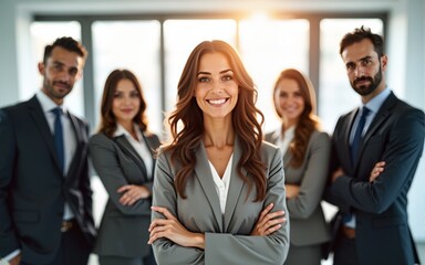 Group of business professionals standing confidently in office with blurred motion effect and sunlight through large windows. High quality