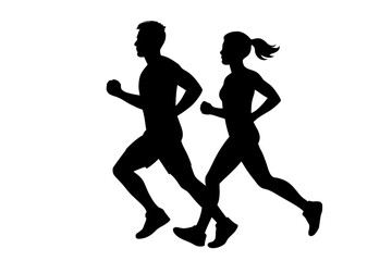 Silhouette of man and woman running side by side in profile view