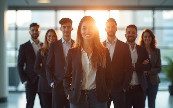 Group of business professionals standing confidently in office with blurred motion effect and sunlight through large windows. High quality - Powered by Adobe
