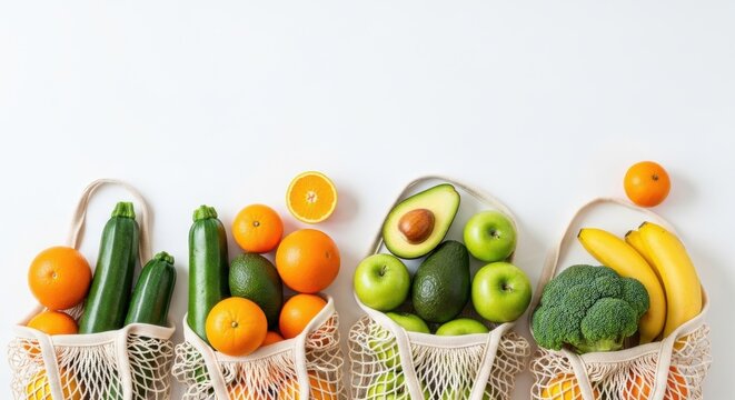 Fresh fruits and vegetables arranged in reusable bags on a white background showcase healthy living choices