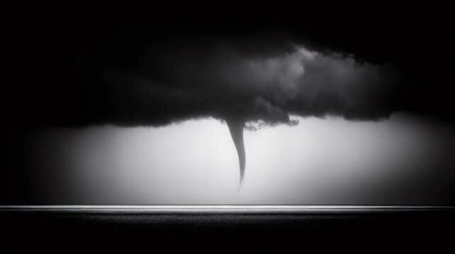 Powerful dark tornado funnel cloud forming over a calm sea, illustrating natural disaster and extreme weather