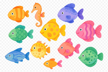 Collection of colorful cartoon tropical fish and seahorse watercolor style