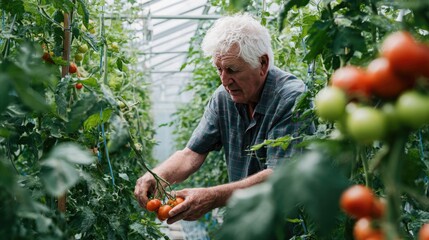 Senior Caucasian man harvesting ripe tomatoes in a greenhouse surrounded by green plants and red fruits