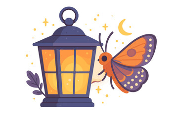 Moth drawn to glowing vintage lantern light in the dark night