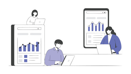 A diverse group of professionals collaborates and communicates effectively using modern technology including smartphones and laptops in a dynamic business environment