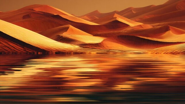 Vibrant desert dunes reflecting in a tranquil water surface, creating a surreal and serene natural landscape at sunset