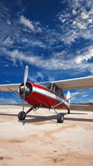 Bright red aircraft parked on a sandy airstrip under a blue sky with clouds