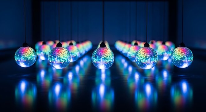Illuminated spheres in a row, creating a mesmerizing light show with vibrant colors. - Powered by Adobe
