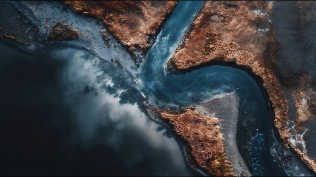 Glacial river water meeting a lake in an abstract, top down view, featuring dark blue water and reddish brown banks