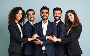 Portrait of business people of different ethnic backgrounds dressed in suits, they smile and cross their arms. Concept of: internationality and career, cooperation and team. High quality