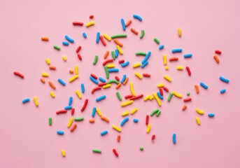 A colorful assortment of jimmies and nonpareils sprinkles scattered across a pastel pink wooden background, creating a festive and playful pattern