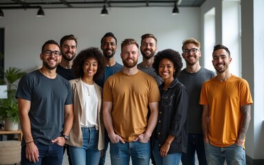 Portrait of diverse group of colleagues standing together in startup office. High quality