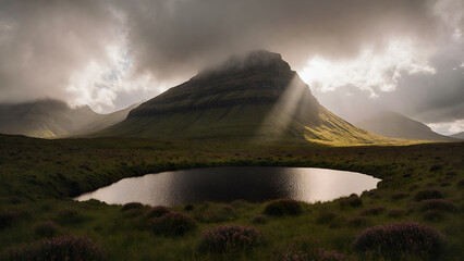 Scottish Highlands Mountain Peak and Lake at Golden Hour