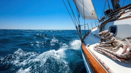 Sailing on clear blue waters under a bright sun with waves splashing against the boat