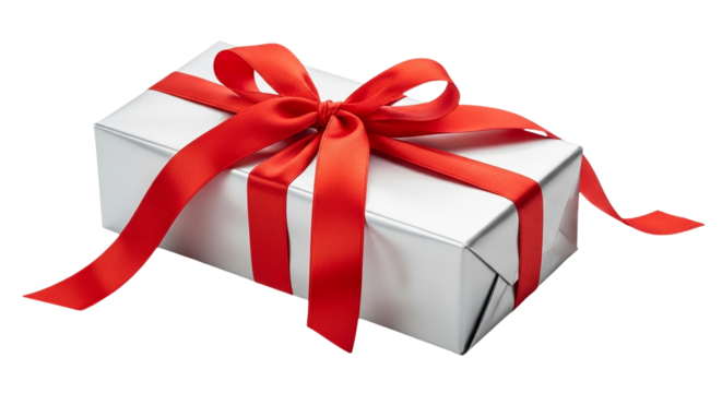 A beautifully wrapped silver gift box adorned with a vibrant red satin ribbon for a special surprise - Powered by Adobe