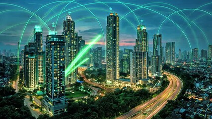 A cityscape at dusk with illuminated skyscrapers connected by glowing green digital data streams - Powered by Adobe