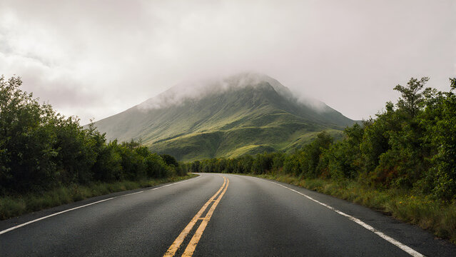 Winding Asphalt Road to Misty Mountain in Early Morning - Powered by Adobe