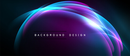 Abstract glowing lines form curved shapes. Purple, blue hues dominate dark background. Text reads background design. Modern, vibrant visual.