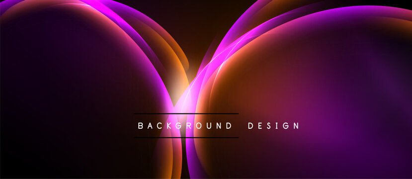 Abstract design features vibrant purple, orange gradients. Smooth curves create dynamic light effect against dark backdrop. Minimalist text present.