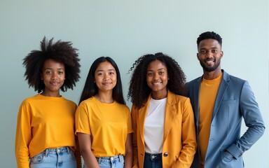 A diverse group of four young professionals standing together against a light background, representing teamwork, inclusion, and confidence. High quality