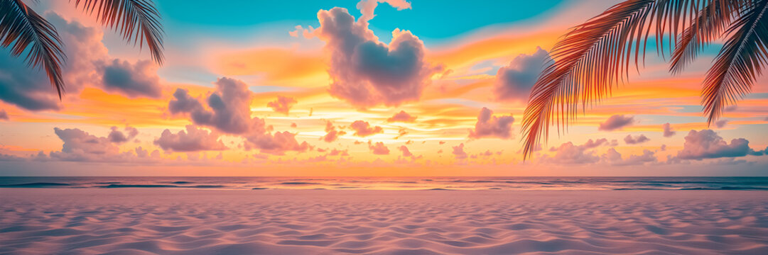 Picturesque summer beach view at sunset. Sea, sand, and sky closeup featuring palm leaves, promoting relaxing holiday vibe. Tranquil tropical island shore and beautiful nature landscape panoramic wall