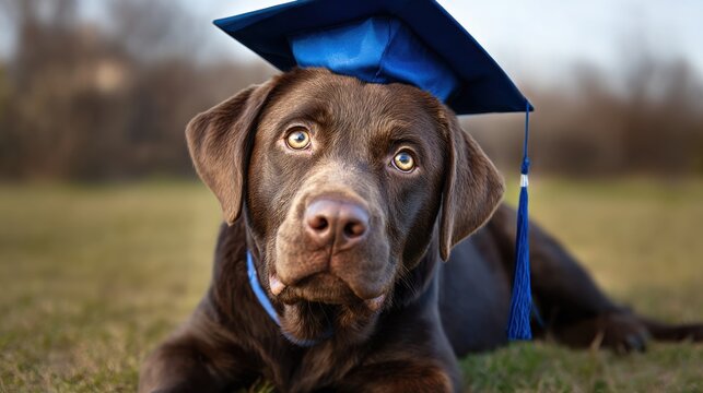 Graduation celebration of a brown Labrador retriever wearing a graduation cap in a sunny park setting