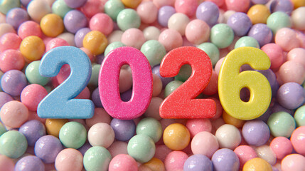 Colorful candy-coated balls surround the numbers 2026. The scene is vibrant and festive, ideal for celebrations or events