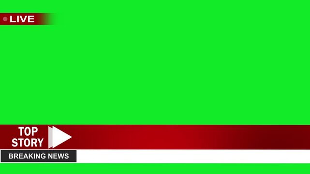 Animated live news or breaking news overlay template featuring blinking live circle indicator, lower third titles, top news icon, dynamic breaking news bars with smooth motion on chroma green screen.
