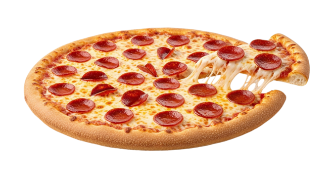 Hot pepperoni pizza slice being pulled cheese stretches high ready to eat a treat on dark background