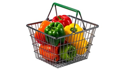 Colorful Bell Peppers in a Wire Shopping Basket.