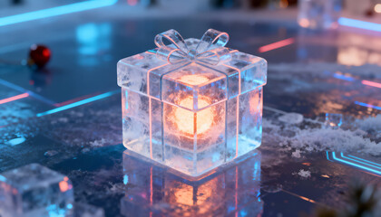 Ice cube shaped like a gift box with glowing core. Minimal sci-fi holiday element.