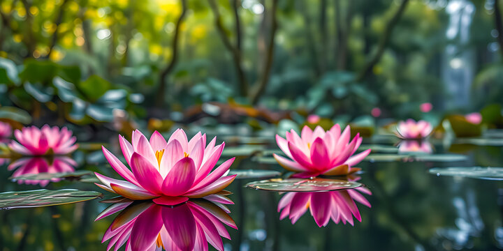 Magnificent natural scenery pink water lily in serene forest pond. Tranquil water reflection with soft blur trees and warm sunset glow. Peaceful wilderness beautiful nature background panoramic banner