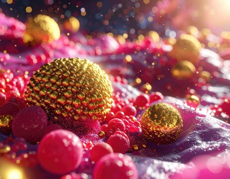 Abstract Cellular Landscape: Vibrant Microscopic World - Golden Sphere Amidst Red Cells, Digital Art, Science Background