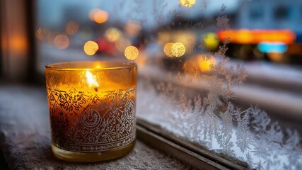 A warm candle glows softly in a frosted window, creating a cozy ambiance against a backdrop of blurred city lights and delicate snowflake patterns, evoking a serene winter evening atmosphere. - Powered by Adobe