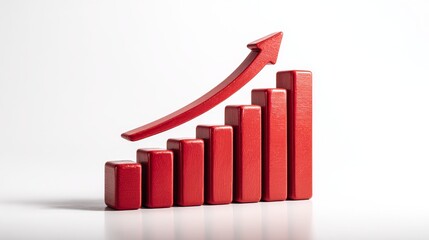 3D red graph arrow going up with bar chart on white background, representing business growth, financial success and positive trends.