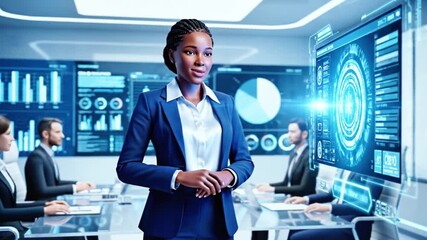 A businesswoman gestures toward a holographic display in a high-tech meeting room - Powered by Adobe