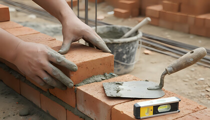 Bricklayer carefully lays bricks for a new wall using mortar and tools
