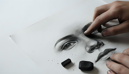 Artist blending charcoal on a portrait drawing to create subtle shading