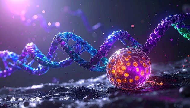 Abstract DNA Helix & Cellular Structure - Vibrant Science Background, Genetic Code, Biotechnology, Medical Research Illustration