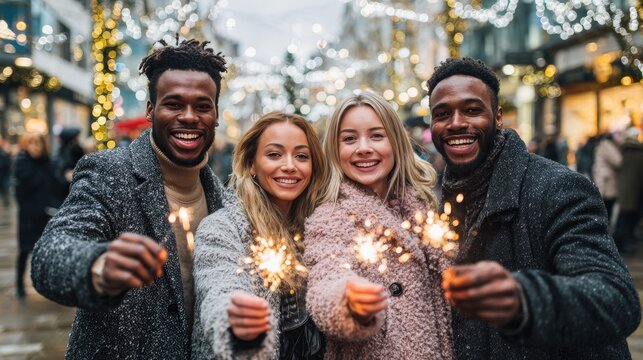 Smiling diverse young adult friends holding sparklers on festive winter city street