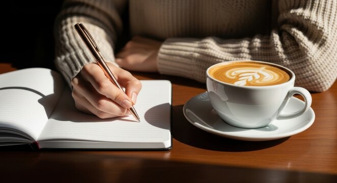 Cozy coffee moment with warm drink and notebook for creative thinking and writing in a relaxed setting