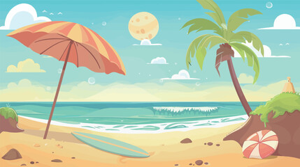 Vector art of beach vacation with umbrella and surfboard